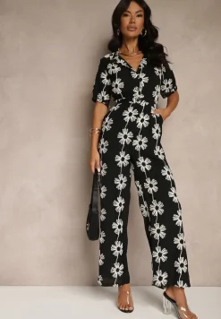 Czarny Koszulowy Kombinezon z Wiskozy z Krótkim Rękawem i Wsuwanymi Kieszeniami Miliane