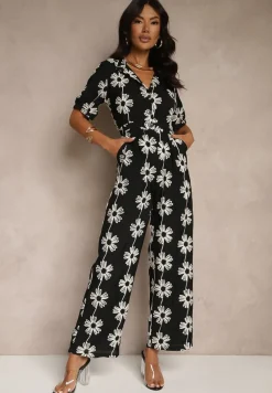 Czarny Koszulowy Kombinezon z Wiskozy z Krótkim Rękawem i Wsuwanymi Kieszeniami Miliane