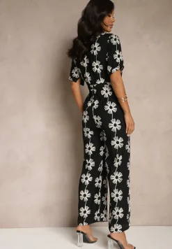 Czarny Koszulowy Kombinezon z Wiskozy z Krótkim Rękawem i Wsuwanymi Kieszeniami Miliane