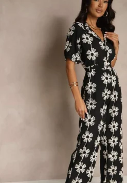 Czarny Koszulowy Kombinezon z Wiskozy z Krótkim Rękawem i Wsuwanymi Kieszeniami Miliane