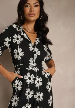 Czarny Koszulowy Kombinezon z Wiskozy z Krótkim Rękawem i Wsuwanymi Kieszeniami Miliane