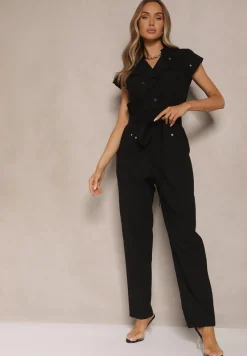 Czarny Koszulowy Kombinezon z Wiskozą Zdobiony Napami i Wiązanym Paskiem Sepirise