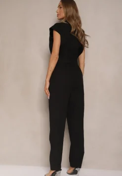 Czarny Koszulowy Kombinezon z Wiskozą Zdobiony Napami i Wiązanym Paskiem Sepirise