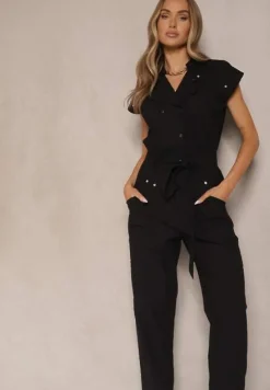 Czarny Koszulowy Kombinezon z Wiskozą Zdobiony Napami i Wiązanym Paskiem Sepirise