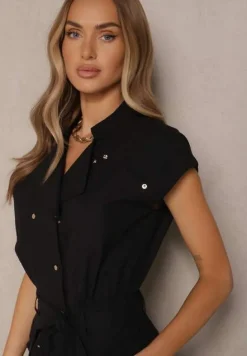 Czarny Koszulowy Kombinezon z Wiskozą Zdobiony Napami i Wiązanym Paskiem Sepirise