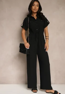 Czarny Koszulowy Kombinezon z Krótkim Rękawem Wiązany w Pasie Maraisla