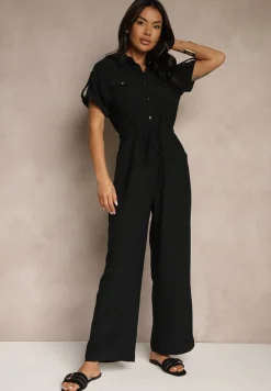Czarny Koszulowy Kombinezon z Krótkim Rękawem Wiązany w Pasie Maraisla