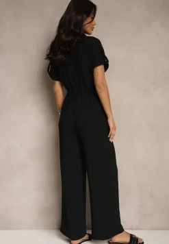 Czarny Koszulowy Kombinezon z Krótkim Rękawem Wiązany w Pasie Maraisla