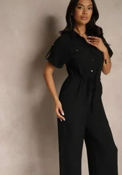 Czarny Koszulowy Kombinezon z Krótkim Rękawem Wiązany w Pasie Maraisla