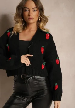 Czarny Krótki Kardigan Bez Zapięć Zdobiony Aplikacjami z Truskawkami Invalina