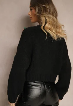 Czarny Krótki Kardigan Bez Zapięć Zdobiony Aplikacjami z Truskawkami Invalina