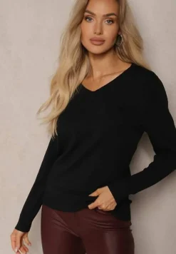 Czarny Minimalistyczny Sweter z Dekoltem w Kształcie Litery V Sinovae