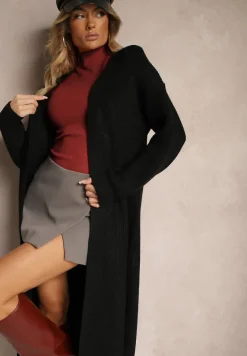 Czarny Nierozpinany Casualowy Kardigan o Długim Kroju Ozdobiony Ściągaczami Arfilia