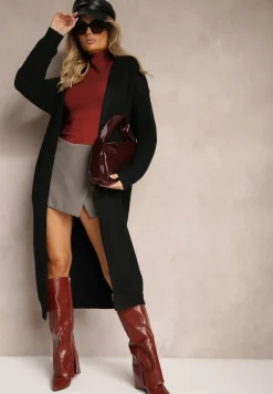 Czarny Nierozpinany Casualowy Kardigan o Długim Kroju Ozdobiony Ściągaczami Arfilia