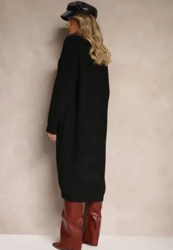 Czarny Nierozpinany Casualowy Kardigan o Długim Kroju Ozdobiony Ściągaczami Arfilia