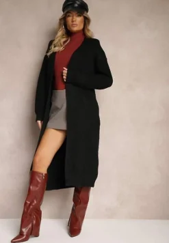 Czarny Nierozpinany Casualowy Kardigan o Długim Kroju Ozdobiony Ściągaczami Arfilia