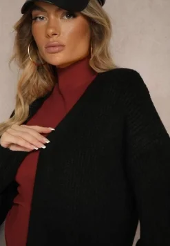 Czarny Nierozpinany Casualowy Kardigan o Długim Kroju Ozdobiony Ściągaczami Arfilia