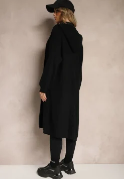 Czarny Nierozpinany Kardigan z Kapturem ze Ściągaczami przy Rękawach Giselda