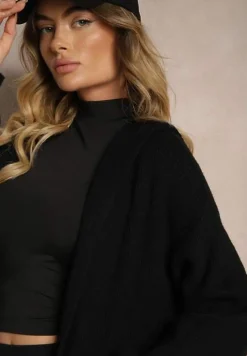 Czarny Nierozpinany Kardigan z Kapturem ze Ściągaczami przy Rękawach Giselda