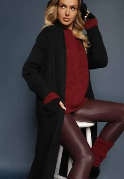 Czarny Nierozpinany Kardigan o Długim Kroju z Wiskozą i Kieszeniami Naralie