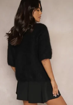 Czarny Nietoperzowy Sweter z Moheru z Rękawami Długości 3/4 Eleaniri