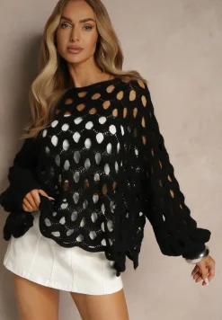 Czarny Nietoperzowy Sweter z Dzianiny z Wełną o Ażurowym Splocie Filarasea