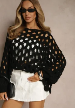 Czarny Nietoperzowy Sweter z Dzianiny z Wełną o Ażurowym Splocie Filarasea