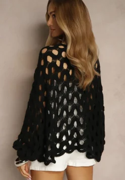 Czarny Nietoperzowy Sweter z Dzianiny z Wełną o Ażurowym Splocie Filarasea