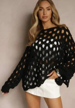 Czarny Nietoperzowy Sweter z Dzianiny z Wełną o Ażurowym Splocie Filarasea