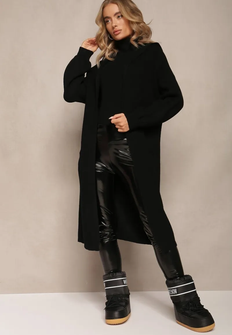 Czarny Niezapinany Kardigan z Kapturem Fatimanes