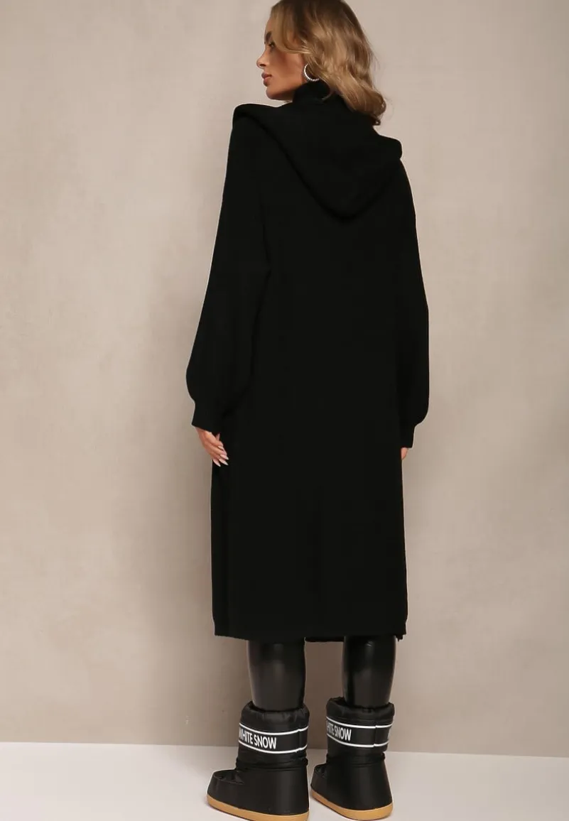 Czarny Niezapinany Kardigan z Kapturem Fatimanes