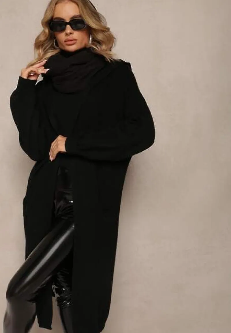 Czarny Niezapinany Kardigan z Kapturem Fatimanes