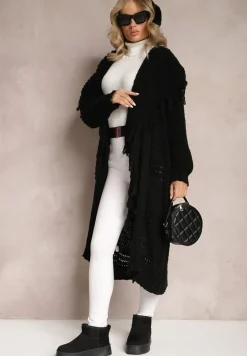 Czarny Niezapinany Kardigan o Długim Kroju z Frędzlami Finantia