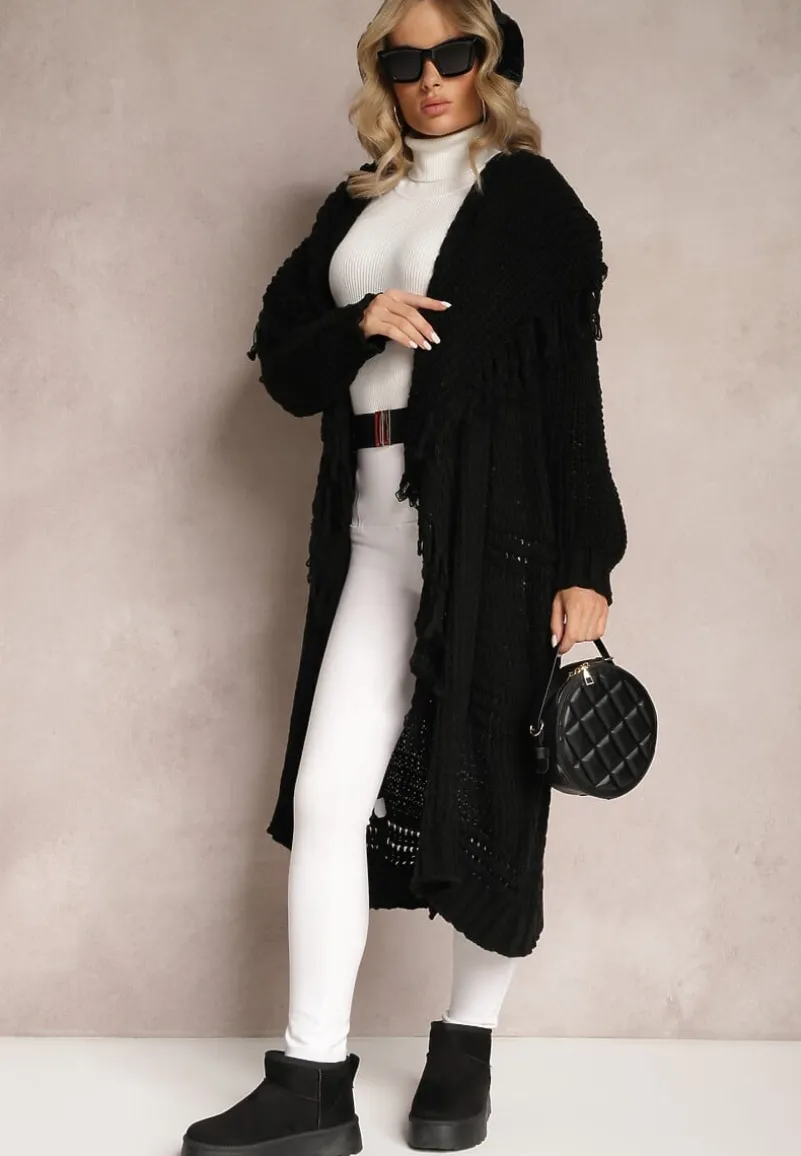 Czarny Niezapinany Kardigan o Długim Kroju z Frędzlami Finantia