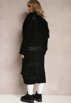 Czarny Niezapinany Kardigan o Długim Kroju z Frędzlami Finantia