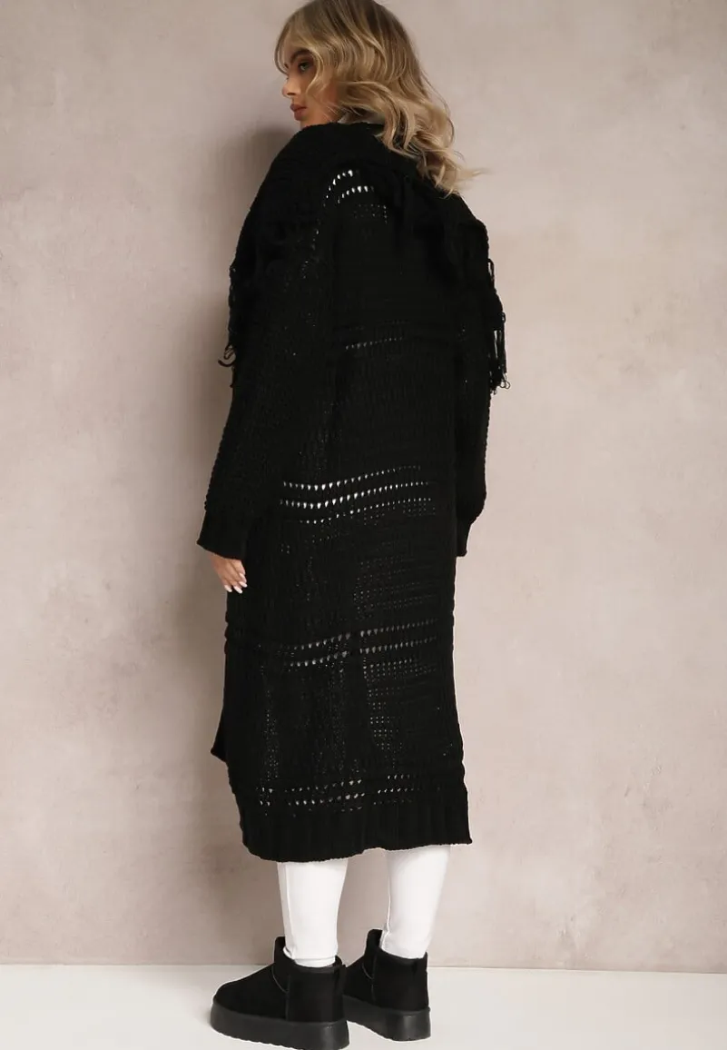 Czarny Niezapinany Kardigan o Długim Kroju z Frędzlami Finantia