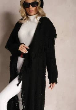 Czarny Niezapinany Kardigan o Długim Kroju z Frędzlami Finantia