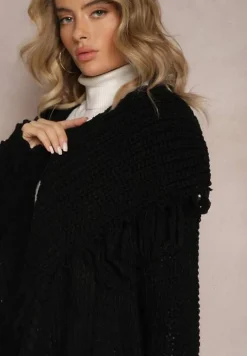 Czarny Niezapinany Kardigan o Długim Kroju z Frędzlami Finantia