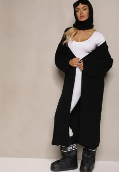 Czarny Niezapinany Kardigan z Wełną o Długim Kroju Temindriae