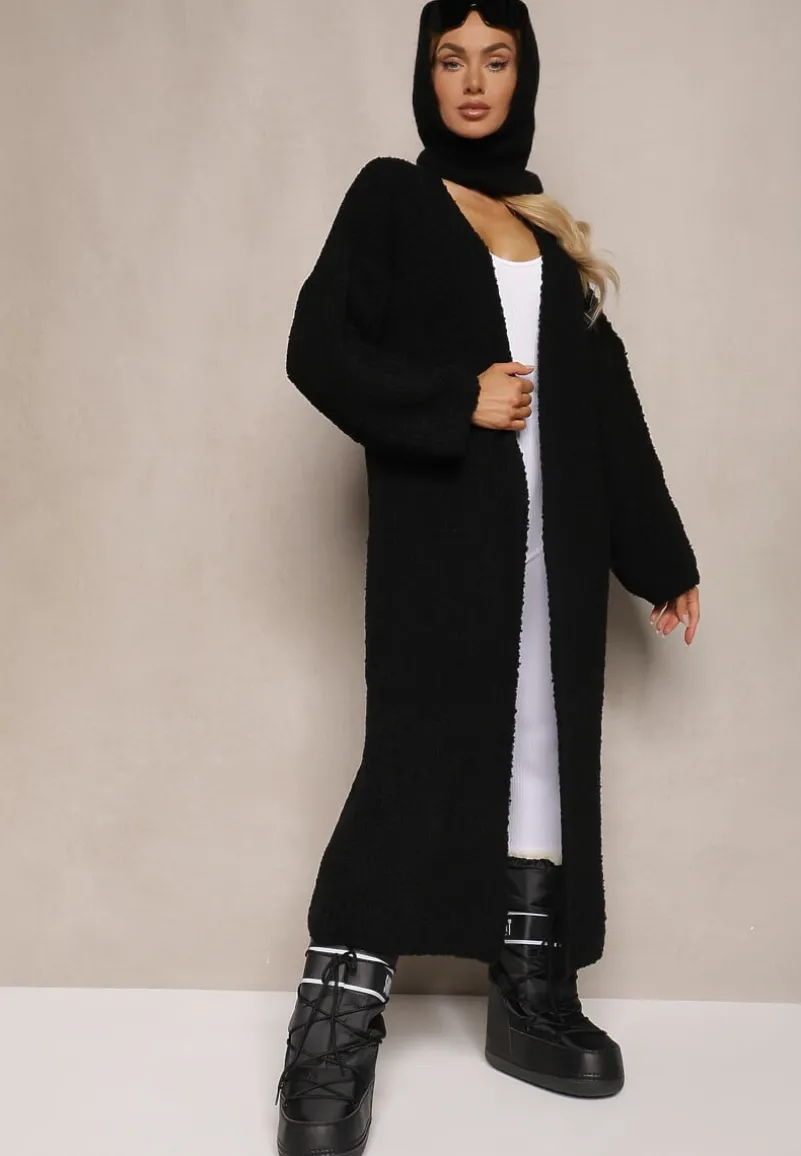 Czarny Niezapinany Kardigan z Wełną o Długim Kroju Temindriae