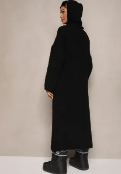 Czarny Niezapinany Kardigan z Wełną o Długim Kroju Temindriae