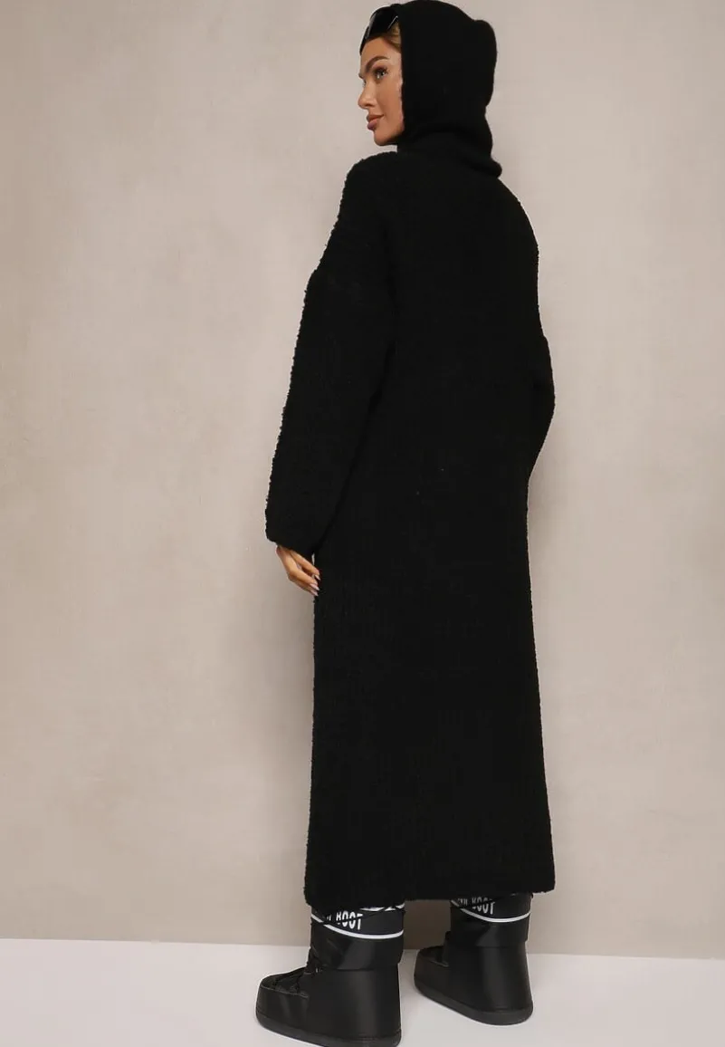 Czarny Niezapinany Kardigan z Wełną o Długim Kroju Temindriae