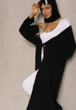 Czarny Niezapinany Kardigan z Wełną o Długim Kroju Temindriae