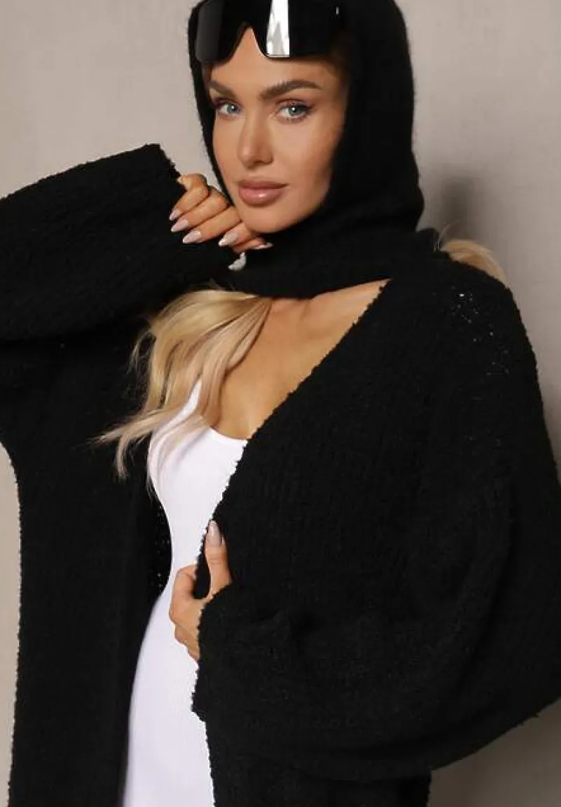 Czarny Niezapinany Kardigan z Wełną o Długim Kroju Temindriae