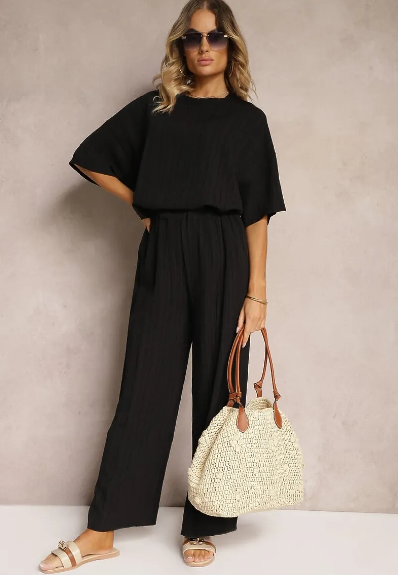 Czarny Oversizowy Komplet z Wiskozą Luźna Bluzka i Proste Spodnie Varlivia