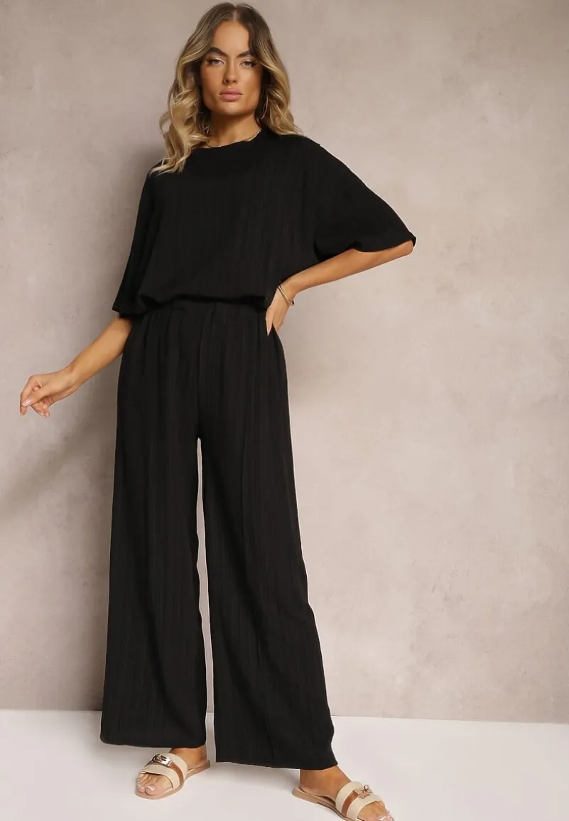 Czarny Oversizowy Komplet z Wiskozą Luźna Bluzka i Proste Spodnie Varlivia