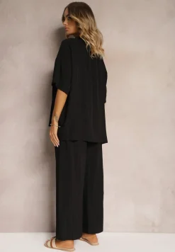Czarny Oversizowy Komplet z Wiskozą Luźna Bluzka i Proste Spodnie Varlivia