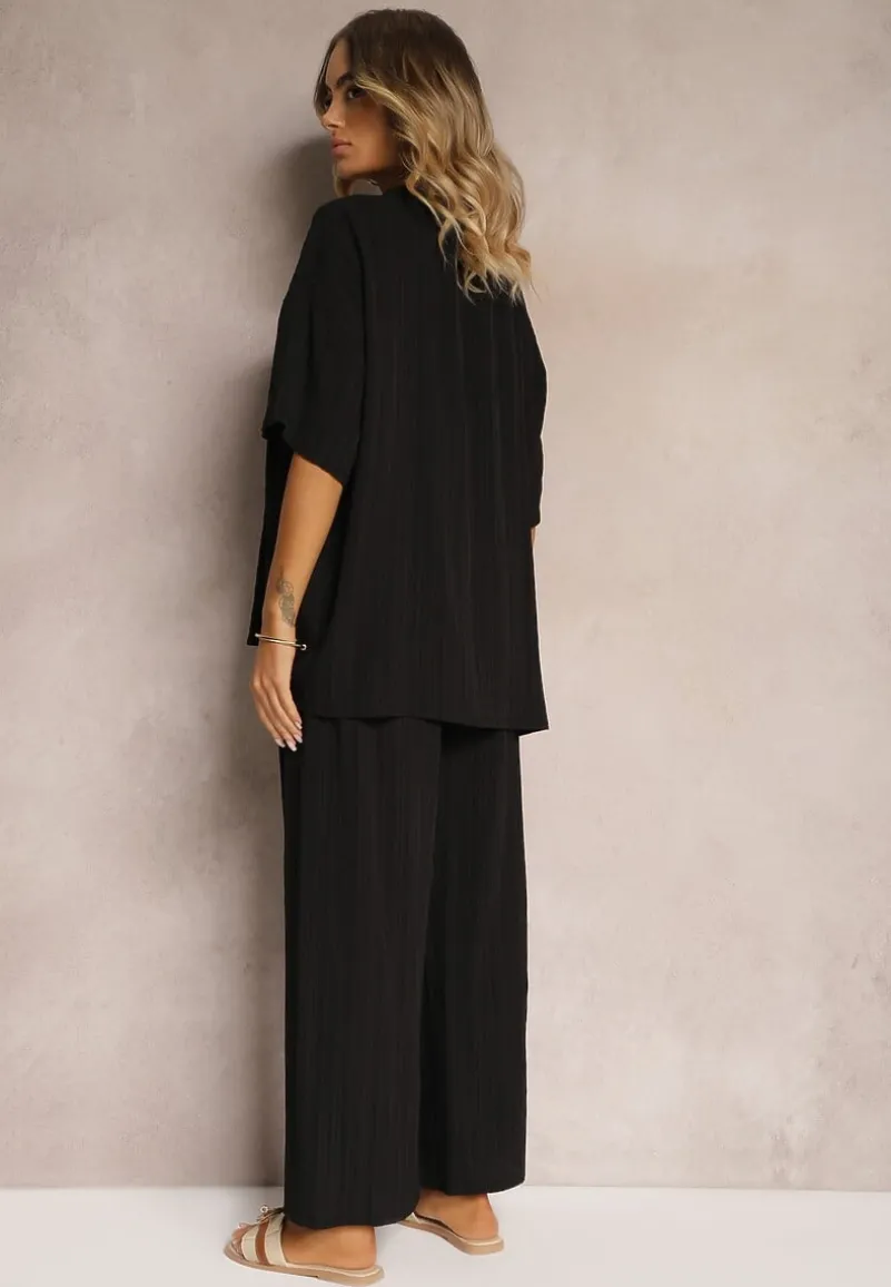 Czarny Oversizowy Komplet z Wiskozą Luźna Bluzka i Proste Spodnie Varlivia