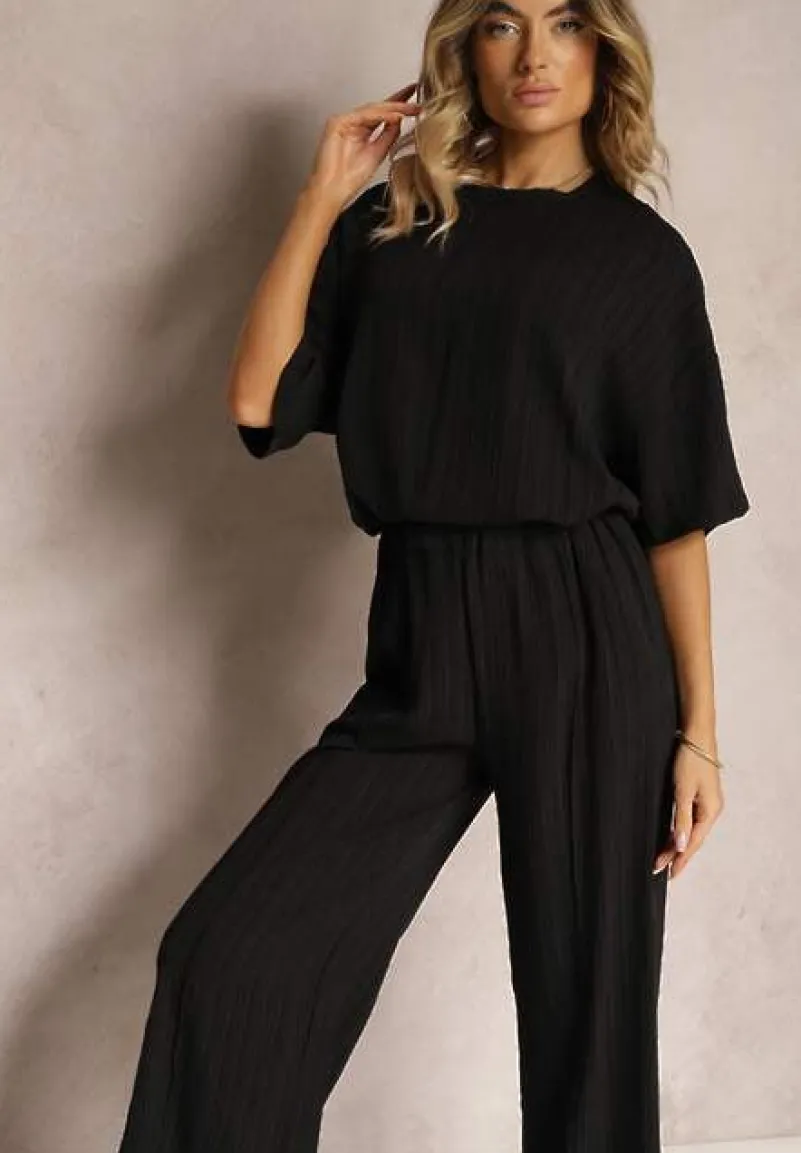 Czarny Oversizowy Komplet z Wiskozą Luźna Bluzka i Proste Spodnie Varlivia