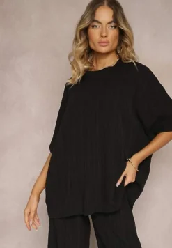 Czarny Oversizowy Komplet z Wiskozą Luźna Bluzka i Proste Spodnie Varlivia